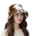Winter Artificial Fur Cow Bucket Hat Fluffy Fuzzy Warm Plush Fisherman Cap Furry Bucket Hats Puffy Fedora Women Hats Winter