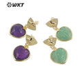 WT-E680 WKT Newest Fashion Small Lovely Heart Earrings Studs Gold Plated Natural Gemstone Women Stone Earrings