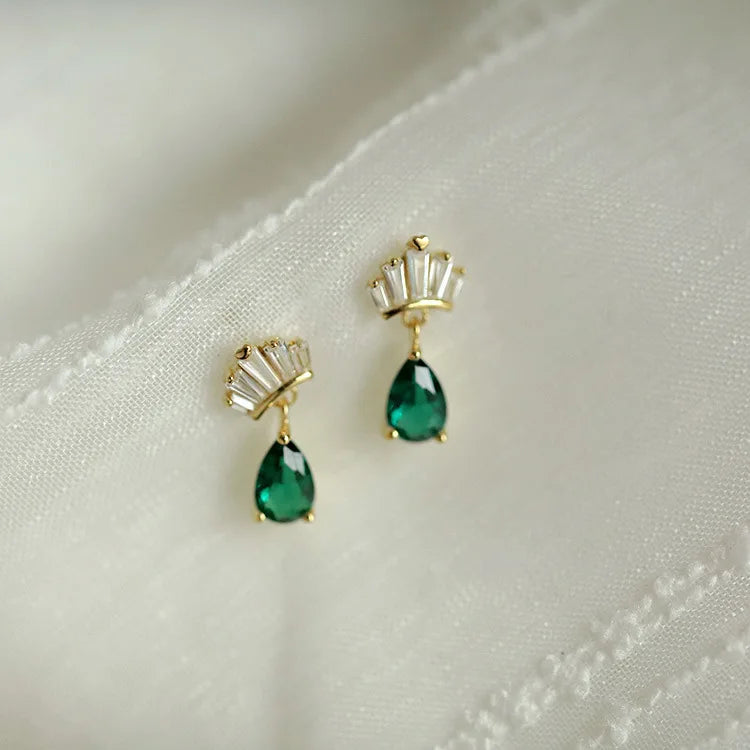 14K Gold Plated Crown Emerald Zircon Fine Jewelry 925 Sterling Silver Stud Earrings Women
