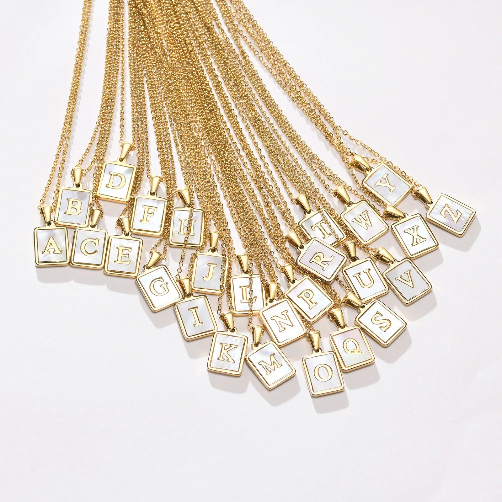 Tarnish Free PVD 18k Gold Plated White Rectangle Shell Mother of Pearl Initial Necklace Stainless Steel Initial Shell Necklace