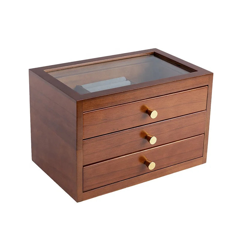 Wood Jewelry Box with Glass Lid for Christmas Gifts3 Layer Jewelry Organizer with 3 Drawers for Necklace Rings Watches