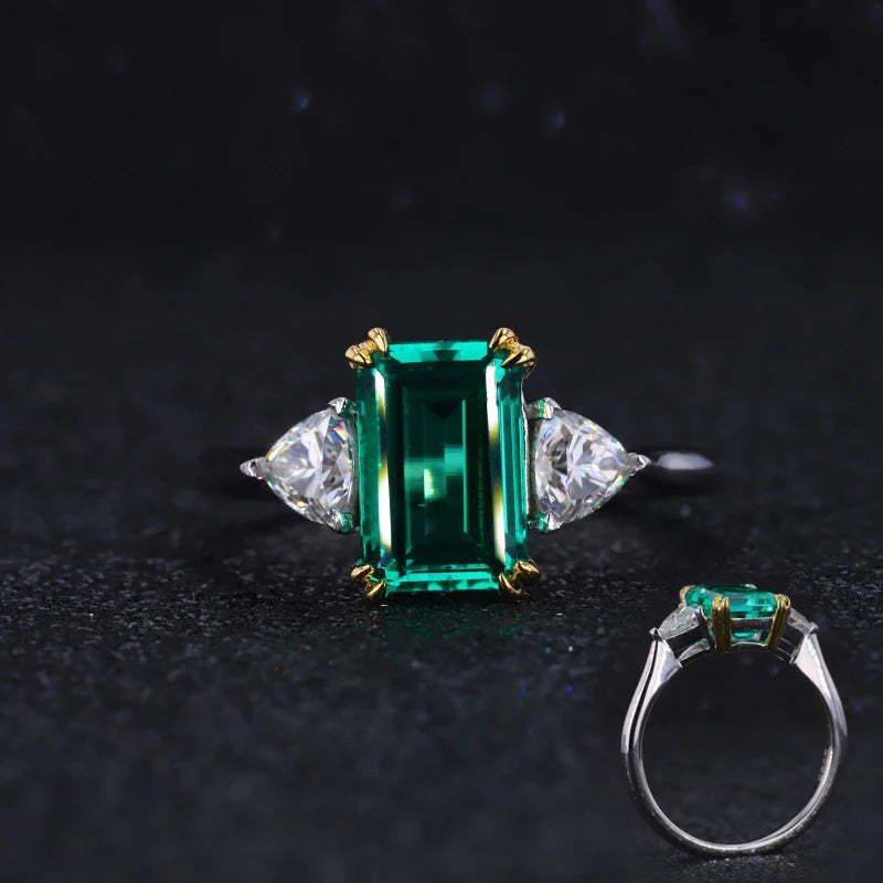 Starsgem Lab Grown 6*9mm Emerald Diamond Center Stone with Colorless Moissanite Gold Emerald Ring MegaBDM