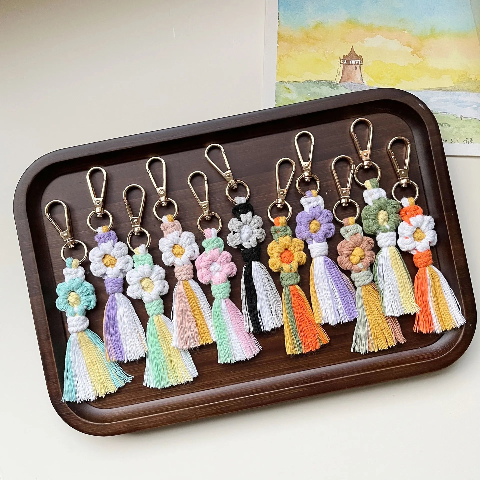 Creative Boho Style Macrame Keychain Handmade Knitted Wood Accessory with Cute Daisy for Promotional Bag Add-ons