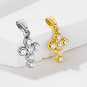 In Stock Small Pearl Cross Pendant 18K Gold Plated Stainless Steel Jewelry Women Men Crucifix Necklace Pendant