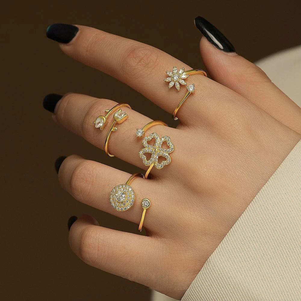 Daidan Silver Rings 925 Gold Plated Zircon Silver Zircon Open Four Leaf Clover Flower Ring