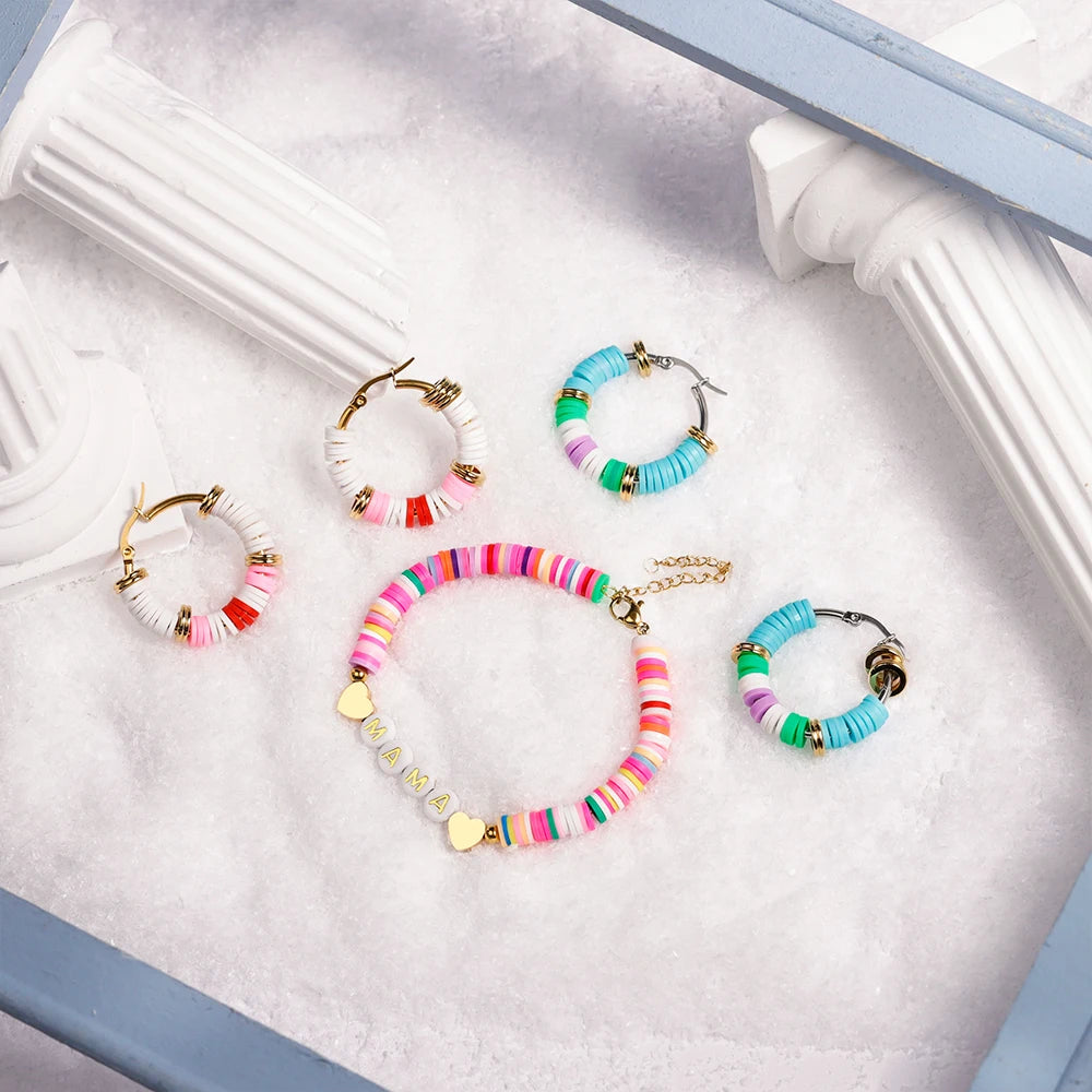 Wholesale Fashion Jewelry Earrings Set Multi Color Polymer Clay Bead Bracelet and Earring Set