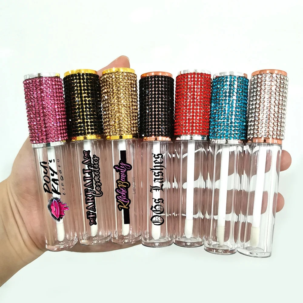 Custom LOGO  Lipstick Container Empty Transparent Rhinestone and Rainbow Liquid Lipstick Lip Gloss Tube