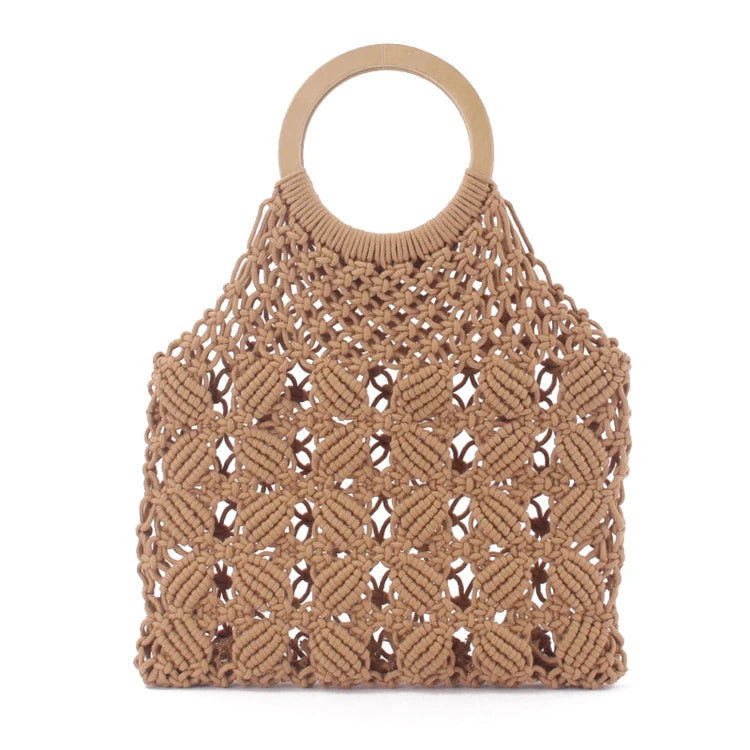 Hot Sell Wholesale 2022 Trend Women Cotton Rope Hand Crocheted Straw Bag Summer Beach Handles Tote Handbag