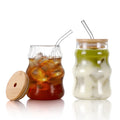 Ribbed Glasses Clear Boba Tumbler Insulated Double Mug Sublimation Cappuccino Coffee Glass Cups With Bamboo Lid and Straw