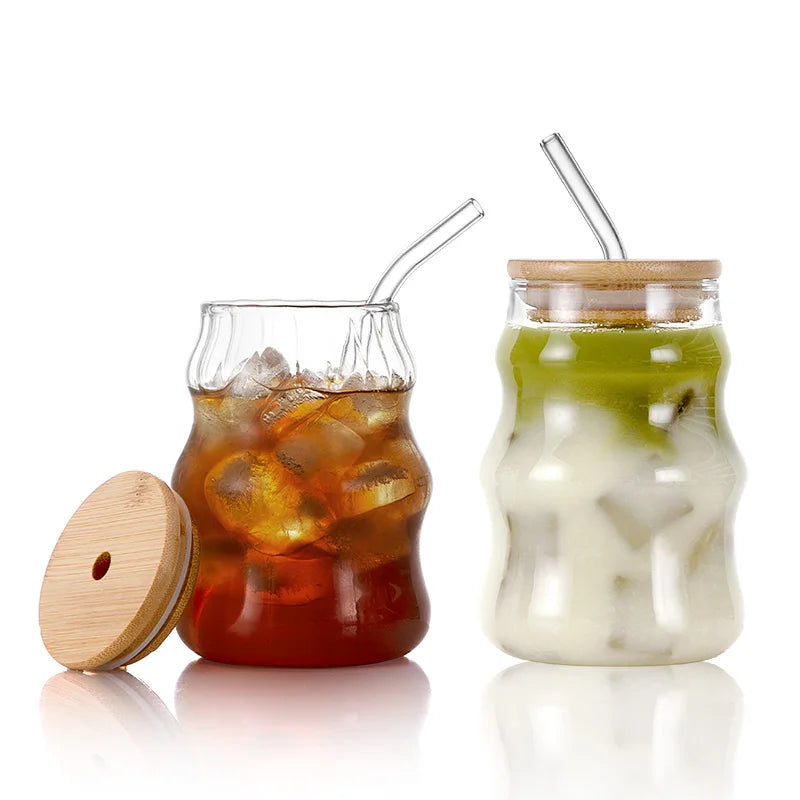Ribbed Glasses Clear Boba Tumbler Insulated Double Mug Sublimation Cappuccino Coffee Glass Cups With Bamboo Lid and Straw