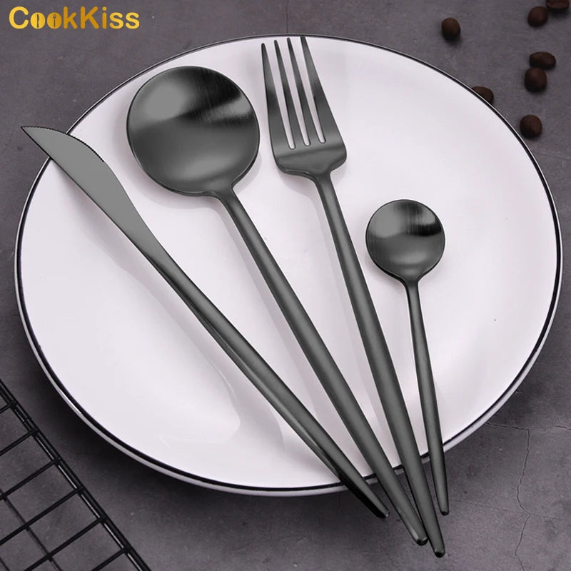 LEHAO Nordic Style Portuguese Luxury Silver Ladle 4 Stainless Steel 304 Matte Black Tableware Set