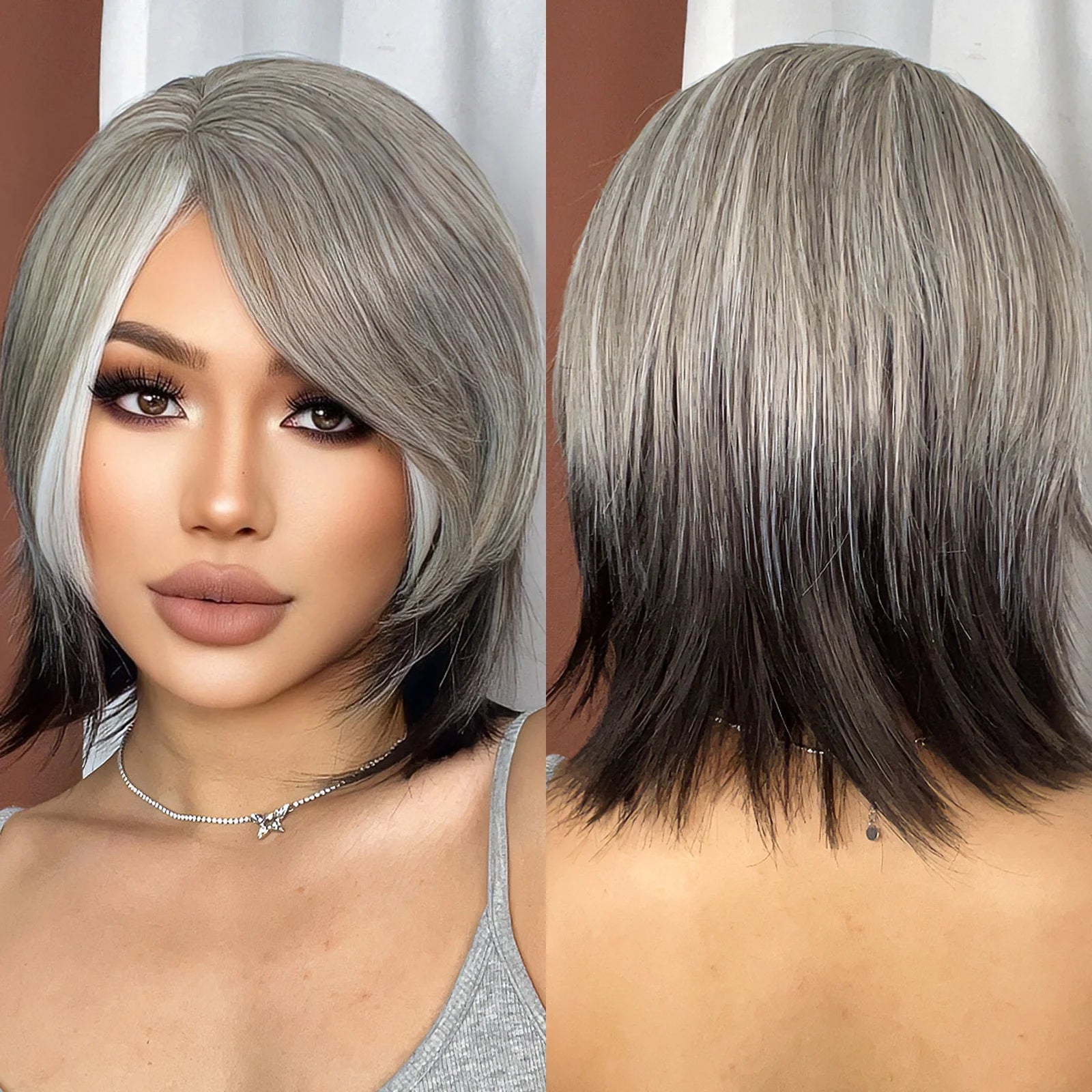 Shoulder Length Gray Gradient Black Synthetic Wig Short Straight Wig With Bangs Natural and Beautiful Bob Wig