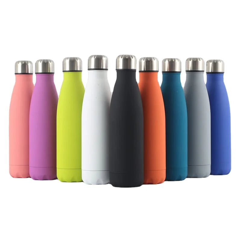 500ml In Stock Double Wall Cola Shaped Rubber Painting Reusable Stainless Steel Pink Water Bottles