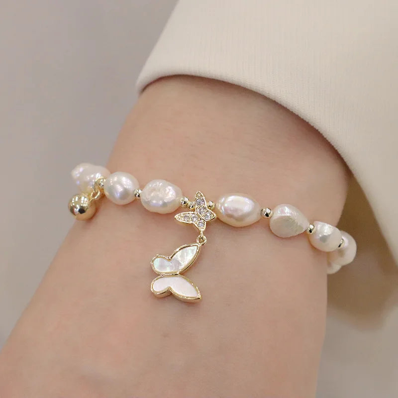 Butterfly Charm Freshwater Pearls Beaded Bracelet Elegant Butterfly Irregular Jewelry Stretch White Freshwater Charm Bracelets