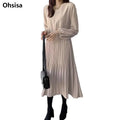 Spring Autumn Long Sleeve Dresses Korean Style Women's Pleat Slim Solid Color O-neck Fashion Lady's Clothes Sweet Dress