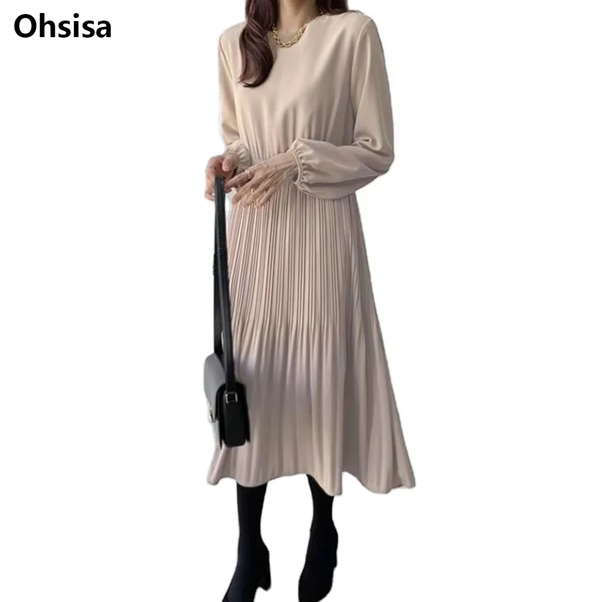 Spring Autumn Long Sleeve Dresses Korean Style Women's Pleat Slim Solid Color O-neck Fashion Lady's Clothes Sweet Dress