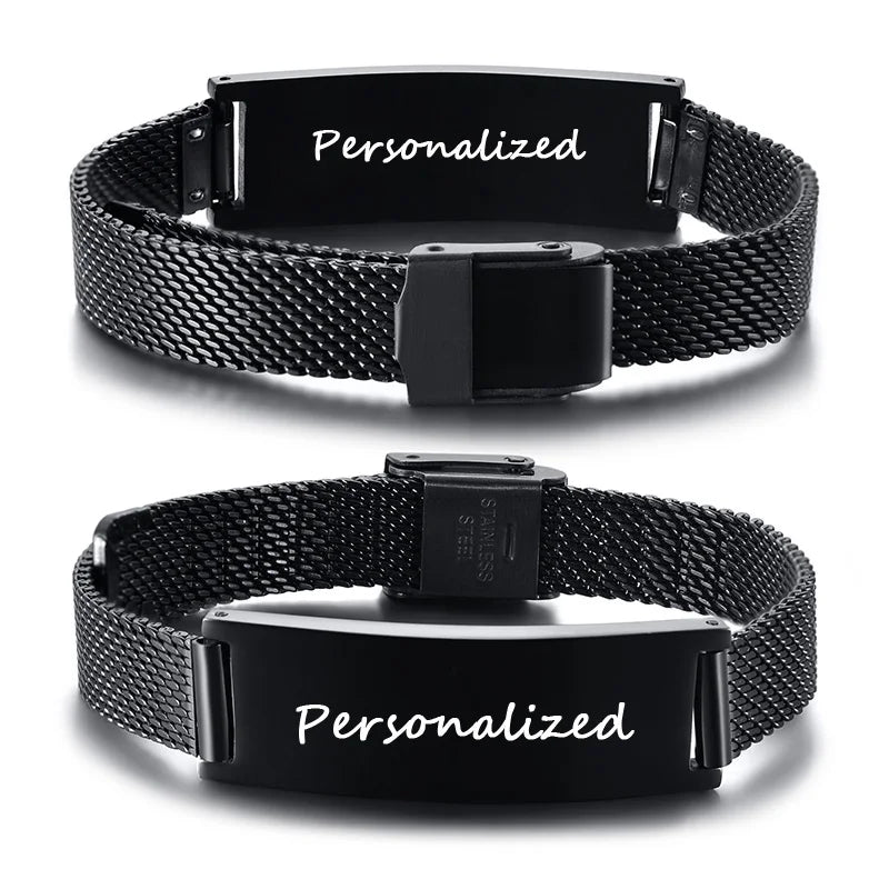 Vnox Adjustable Engraved ID Bracelet Wristband Personalized Stainless Steel Stylish Mesh Band Men Bracelet