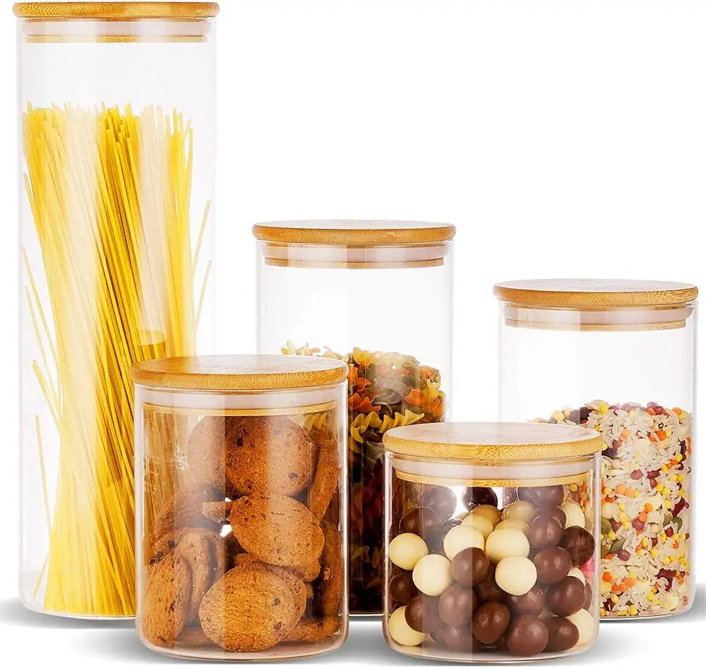 Glass Food Storage Jars Containers Glass Storage Jar with Airtight Bamboo Lids Set of 5 Kitchen Glass Canisters