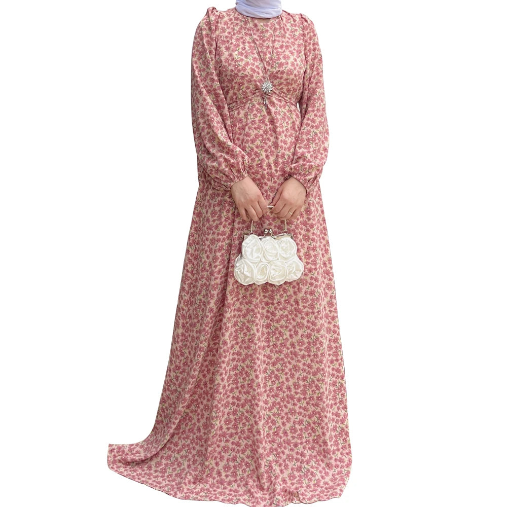 New Arrival Fashion Long Sleeve Floral Print Dress Muslim Abaya Islamic Dubai Turkey Maxi Clothes Kaftan