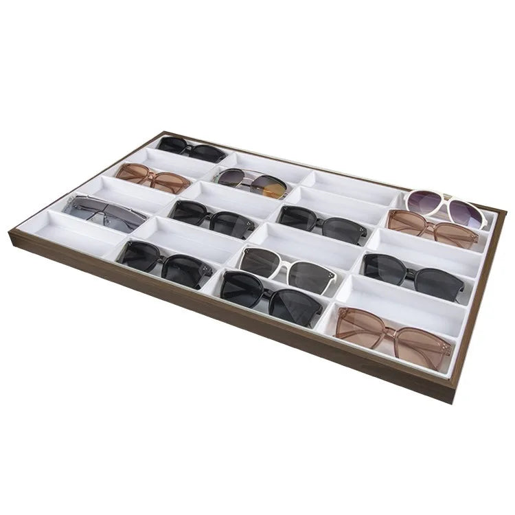 Large Size 24 Slot MDF Wood Walnut Veneer Durable Grey Velvet Eyewear Glasses Display Tray Organizer