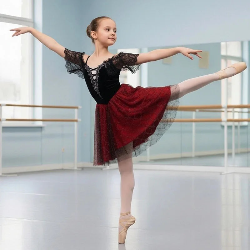 Professional Ballet Romantic Tutu Long Skirt Black Red Spain Dress Adult Children's Ballet Performance Dress