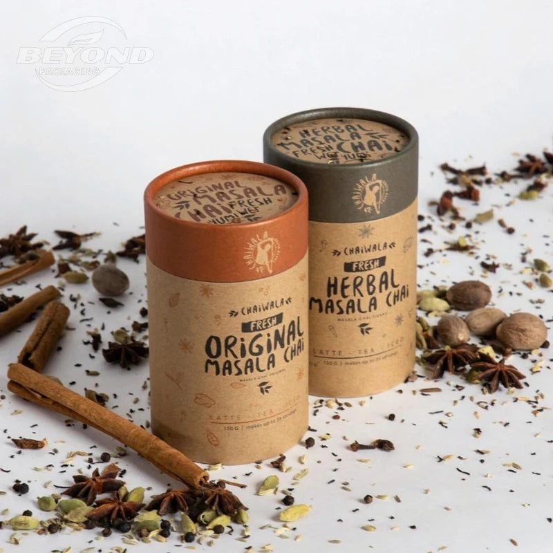 Eco Friendly Food Grade Natural Brown Coffee Paper Kraft Box Cylinder Tube Loose Tea Packaging Gift Box with Inside Metal Lid