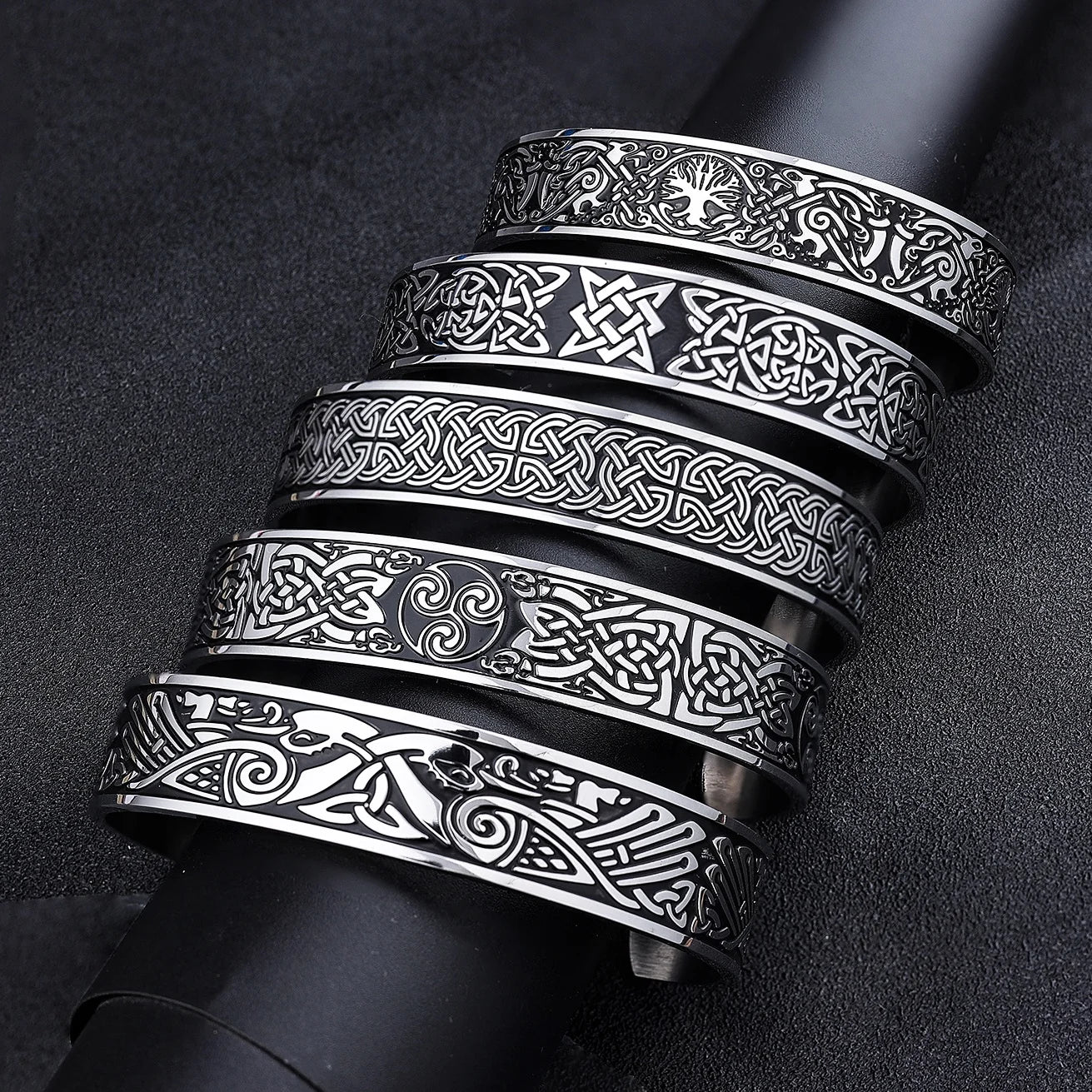 Personalized Viking Nordic Jewelry Wide Open 316 Stainless Steel Viking Rings Runes Celtic Knots Cuff Bracelet