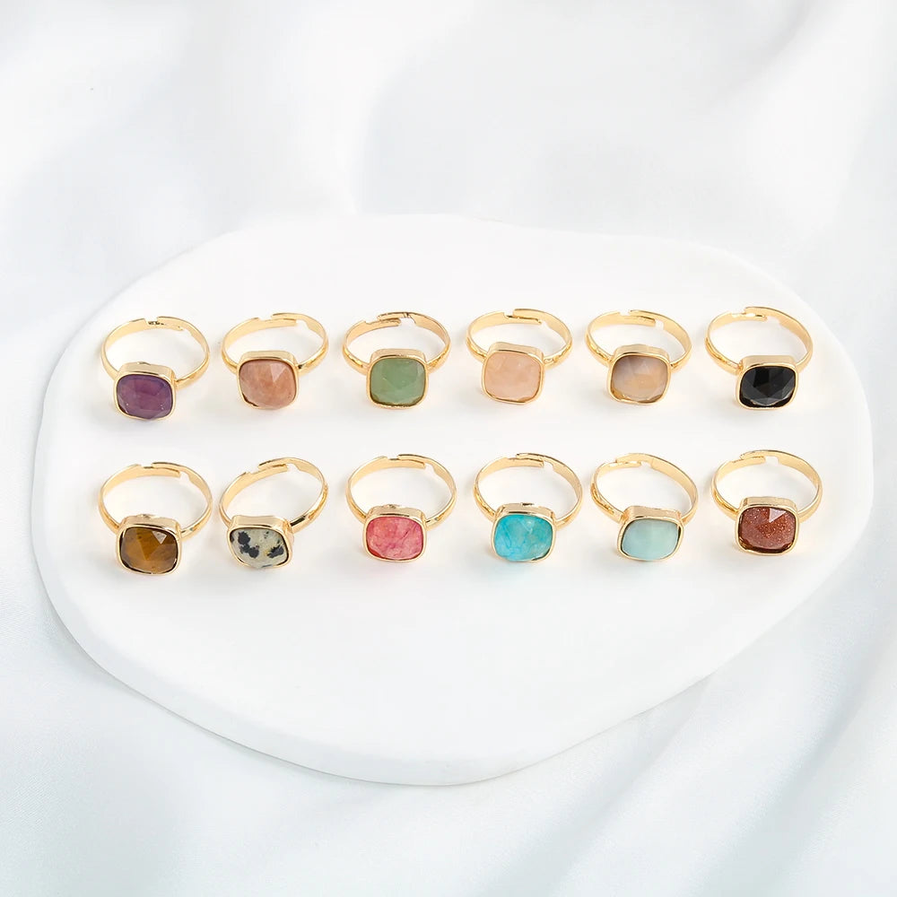 New 12pcs Mixed Color Cut Natural Stone Ring Face Tiger Eye Amethyst Adjustable Open Ring Box Personalized Ring Set Gift