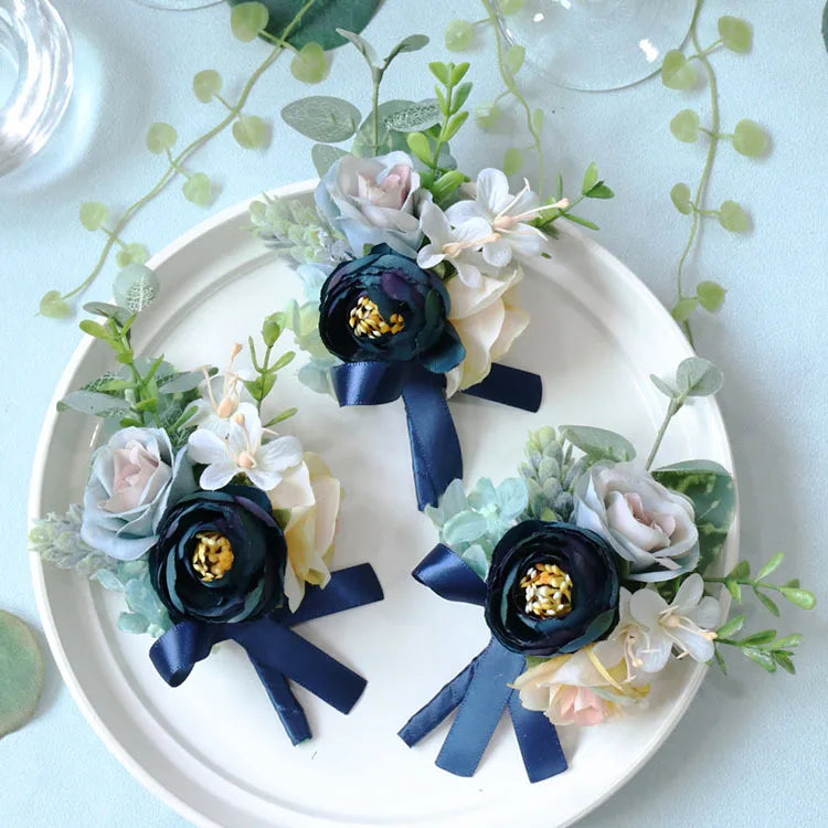 Blue Green Mix Colors Rose Peony Silk Artificial Wrist Corsage Boutonniere Wrist Corsage