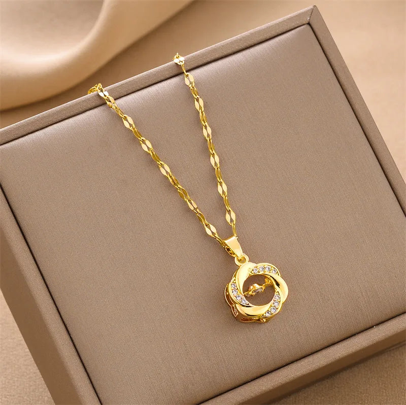 Women's Trendy Rose Gold Plated Stainless Steel Delicate CZ Stone Dancing Beating Heart Necklace Fashion Crystal Flower Gift