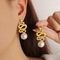 Unique New Arrival Simulated Pearl Stud Earrings 18K Gold Color Customize Snake Shape Anti Allergic Ear Stud