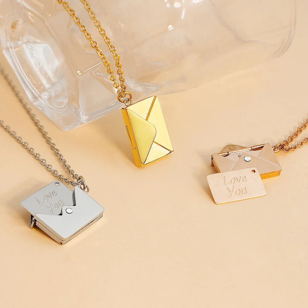 Personalized Custom Secret Message Envelope Pendant Engraved Name Necklace