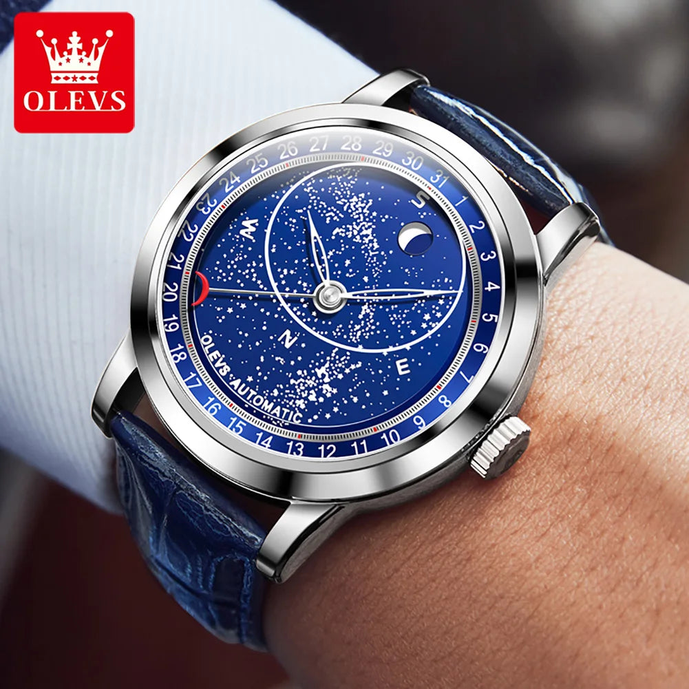 OLEVS 9923 Automatic Mens Moon Pointer Movement Fashion Blue Leather Mechanical Watches