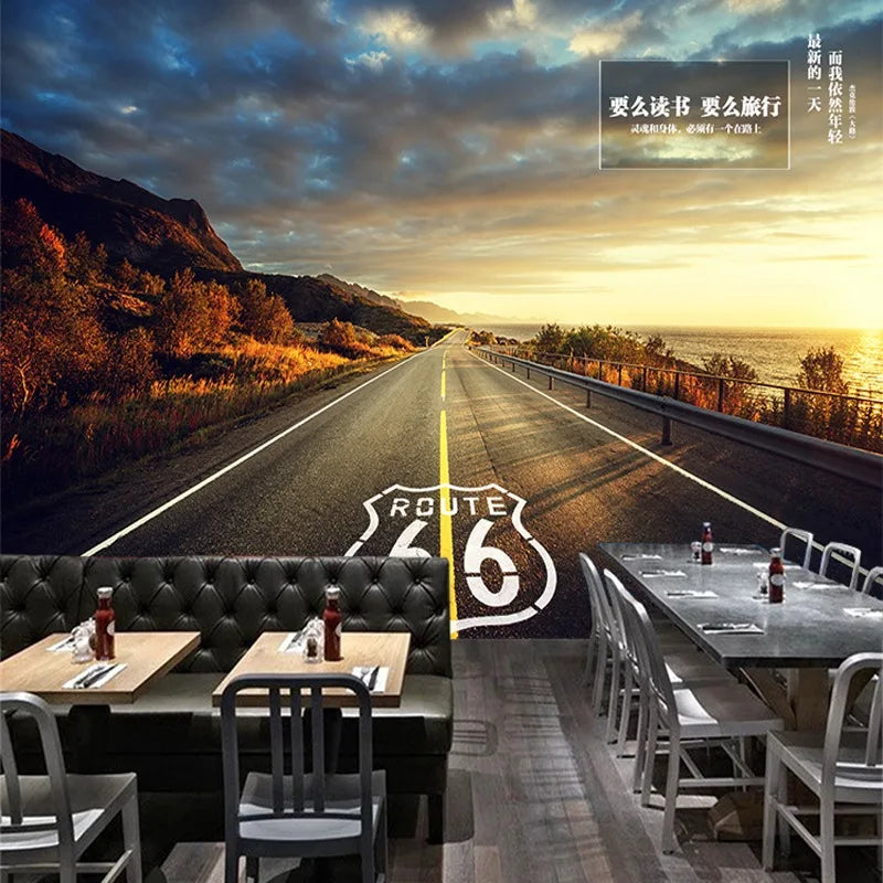 Highway Scenery Background Wallpaper Restaurant Bar Cafe Wall Cloth Wallpaper 3D Retro Nostalgic Mural