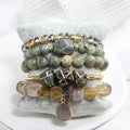 New Bohemian Stack Women Jewelry 5pcs Natural Stone Glass Beaded Metal Irregular Tiger Eye Open Cuff Bangle Elastic Bracelet Set