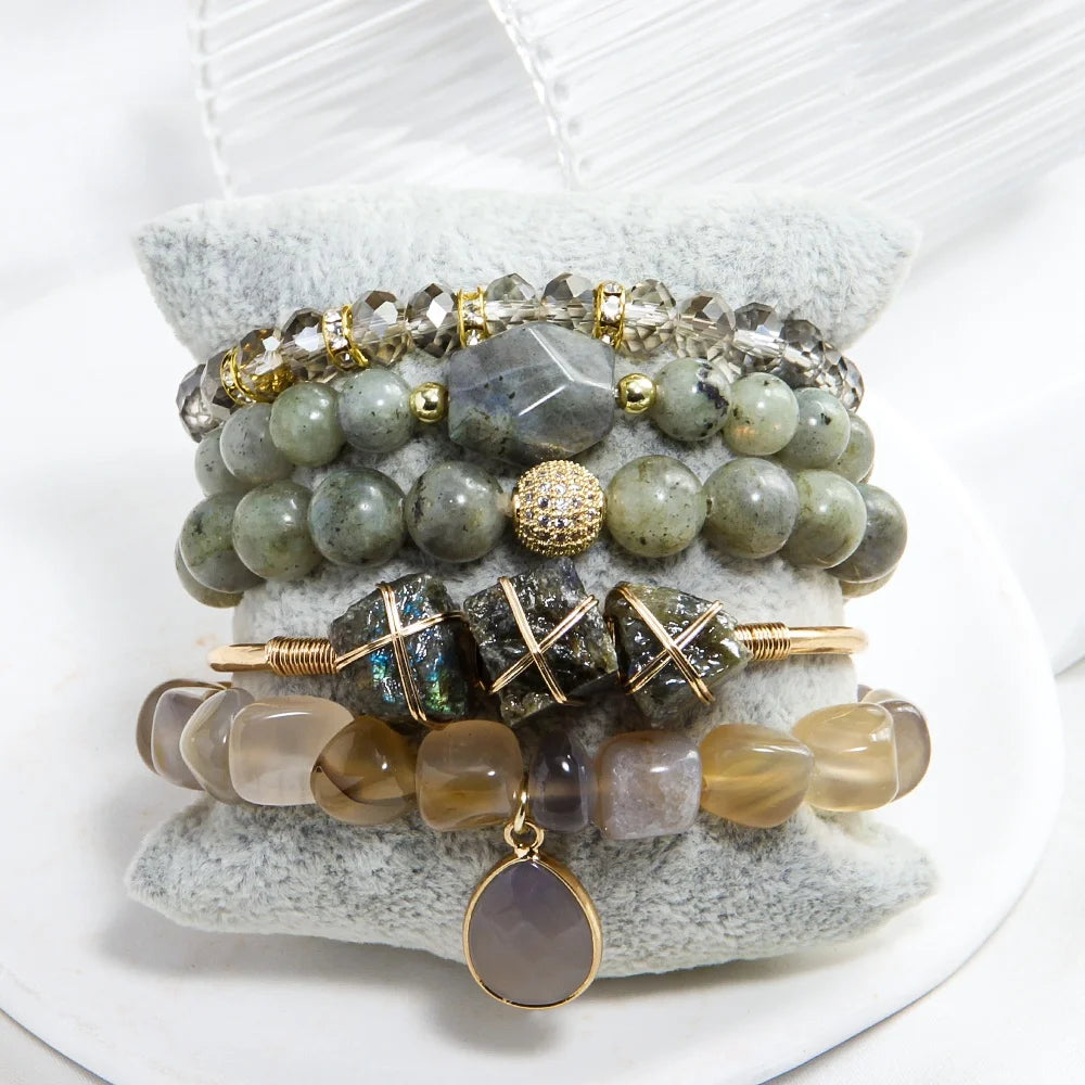 New Bohemian Stack Women Jewelry 5pcs Natural Stone Glass Beaded Metal Irregular Tiger Eye Open Cuff Bangle Elastic Bracelet Set