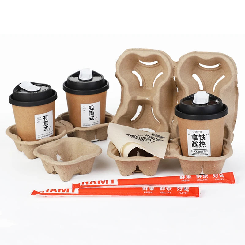 Eco Friendly Hot Coffee Paper Cup Holder Take Away Paper Pulp Cup Carrier Holder Tray for Coffee Cup With Paper Bags