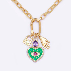 QIKU Heart Lock Hand Shape Eye Pattern Pendant Women Necklace Copper Zircon Jewelry Accessory Charm Gift Wholesale Dropshipping