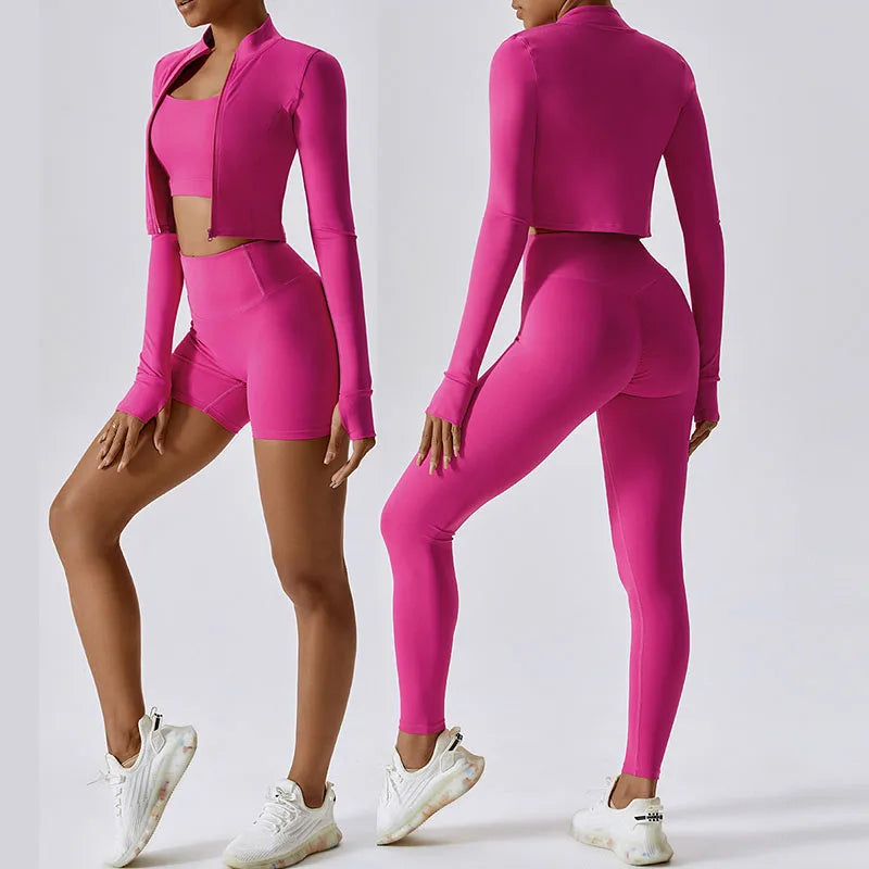 Custom Logo Sportswear Long Sleeve Yoga Set Plus Size Workout Suit Women Fitness Yoga Set With Jackets 3 Piece Set Outfit