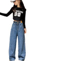 2024 New Fashion Children Little Girls Jeans Long Pants Elastic Waist Wide Leg Straight Denim Trousers Outwear Casual Jeans