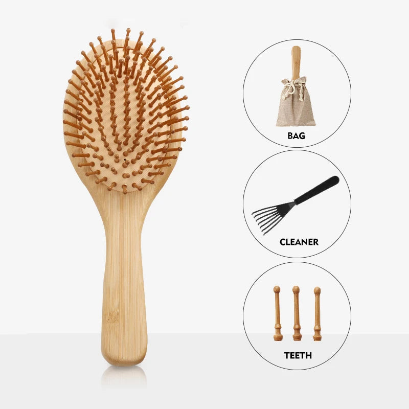 Eco-Friendly Bamboo Wood Compact Massage Hair Brush with Paddle Air Cushion for Home Use Custom Logo Detangling