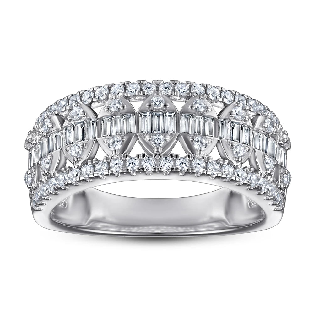 Factory Direct Sale Bohe Multi Stone Openwork baguette Diamond Paved Cubic Zircon 925 Sterling Silver Statement Ring for Women