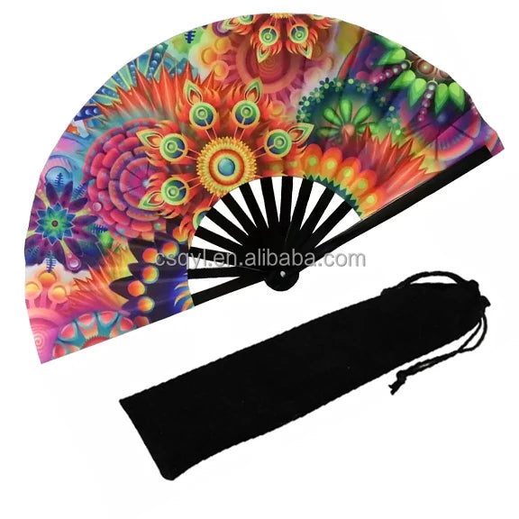 FAREA Folding Hand Fan for Women - UV Glow Rave Bamboo Hand Held Chinese Fan with Velvet Bag for Rave Party