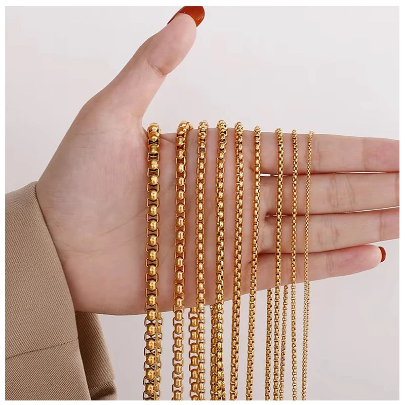 Factory Stock Hip Hop Square Pearl Chain Necklace Silver Gold Plated Stainless Steel Round Box Chain for Men Jewelry