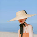 2025 Handmade Wide Brim Natural Straw Hat for Women French Style Long Ribbon Summer Vacation Beach Cap Ladies Visor UV Sun Hat