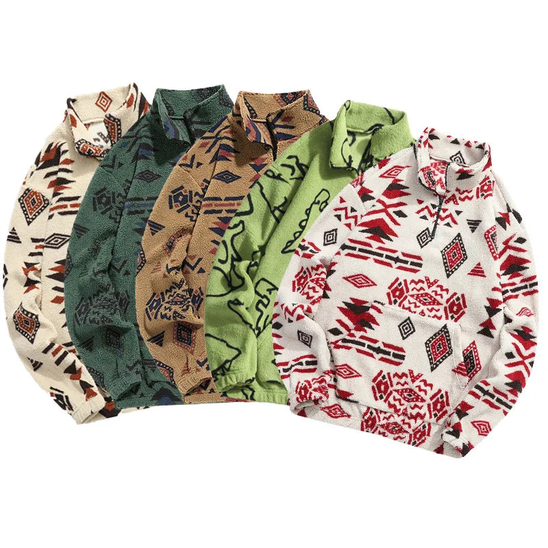 Wholesale Aztec Fleece Pullover Men Heavyweight Vintage Tribal Half Zip Sweatshirt Oversized Winter Warm Geometric Jacket
