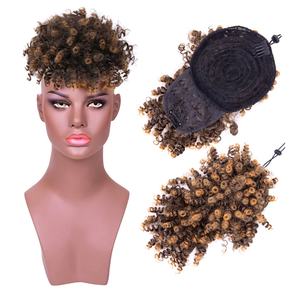 AliLeader Drawstring Afro Puff Ponytail Extensions Short Curly Puff Ponytail Bun with Bangs Clip in Updo Hairpiece for Women