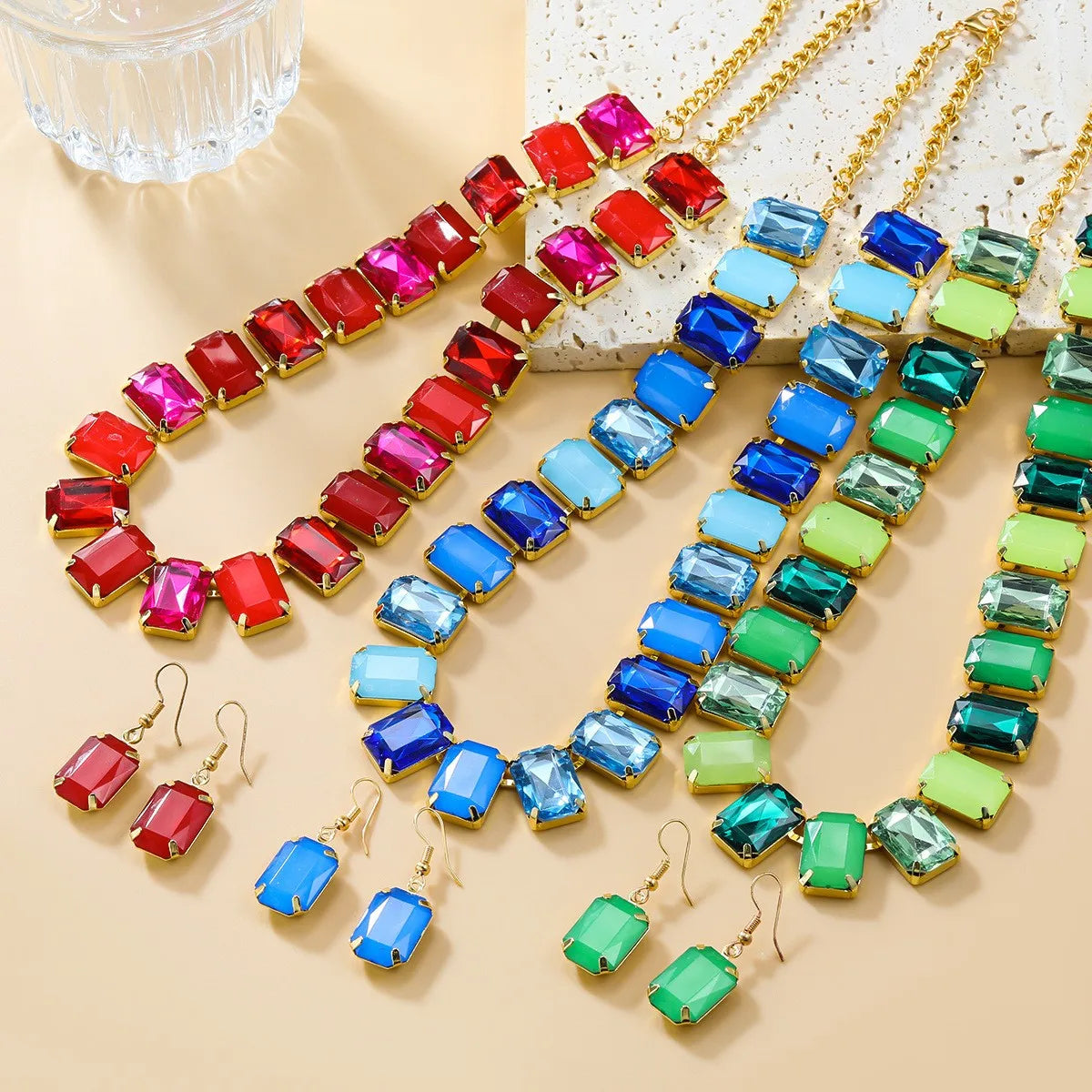 New European and American Fashion Earrings and Necklace Combination Sets Square Glass Diamond Jewelry Wholesale