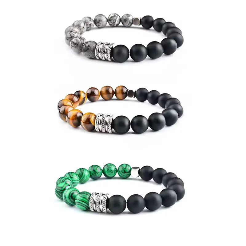 Men's Stylish Stainless Steel Bracelet with Natural Peacock Stone Tiger Eye Gemstone Bead Diamond Pendant Gift Jewelry