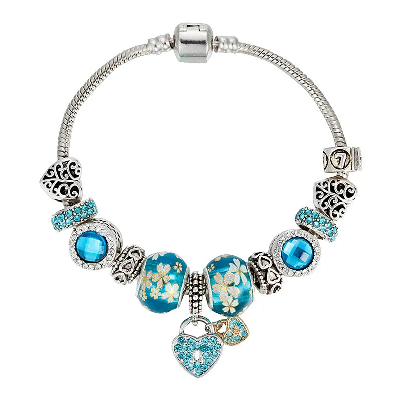 Fashion Blue Crystal Beads Love Pendant  Bangle New Style Charm Bracelet for Women